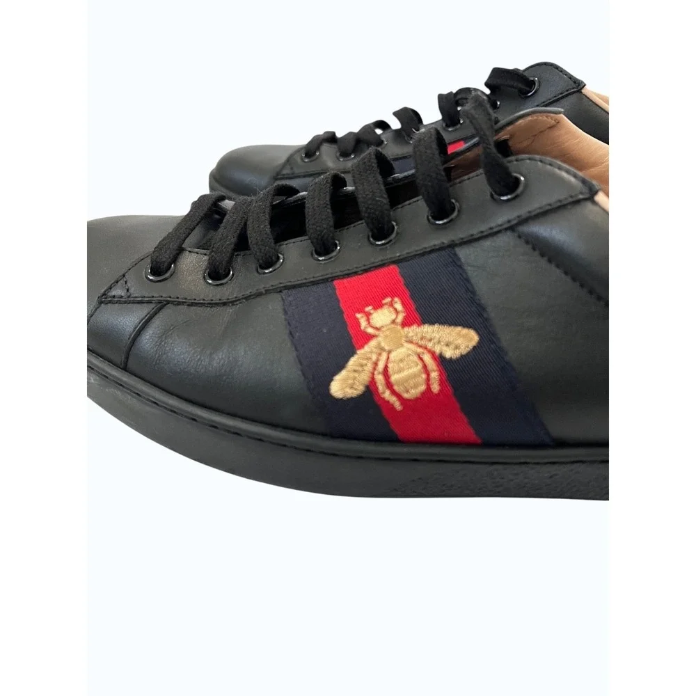 Gucci Ace Bee Embroidered Sneakers Men's Size 11 Black Leather Web Stripe Shoes